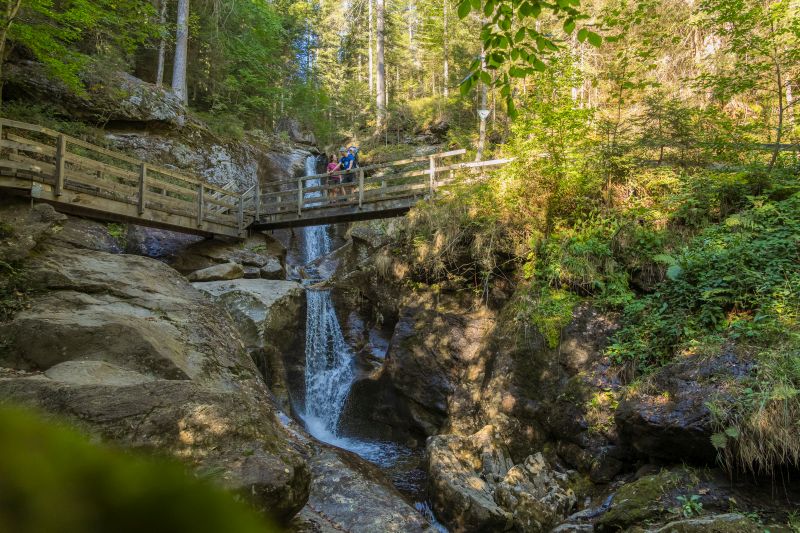 In der N&auml;he des Hotels Bodenmais &uuml;berspannt eine Holzbr&uuml;cke einen Wasserfall in einem &uuml;ppigen Wald, wo Besucher innehalten und die atemberaubende Landschaft auf sich wirken lassen.