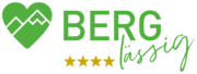Das Logo zeigt ein gr&uuml;nes Herz, das mit einem Bergdesign verflochten ist, geschm&uuml;ckt mit dem Text &bdquo;BERG l&auml;ssig&ldquo; und vier goldenen Sternen, die die Essenz des Hotels Bodenmais einfangen.