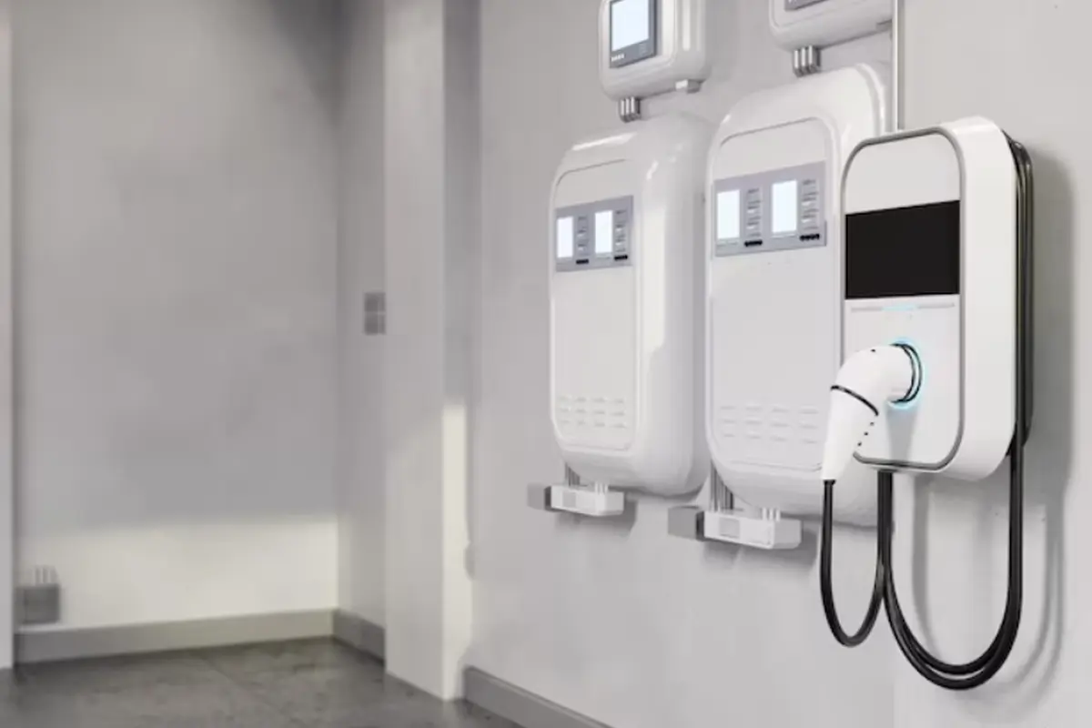 In einem modernen Innenraum des Hotels Bodenmais sind drei elegante weiße Ladegeräte für Elektrofahrzeuge an der Wand montiert.